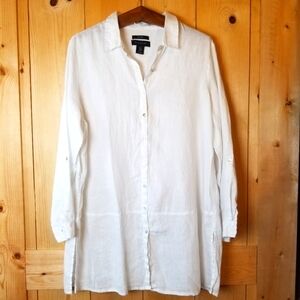 Tahari 1005 Linen Button Up Long Sleeve Roll-Up Sleeve Tunic Shirt